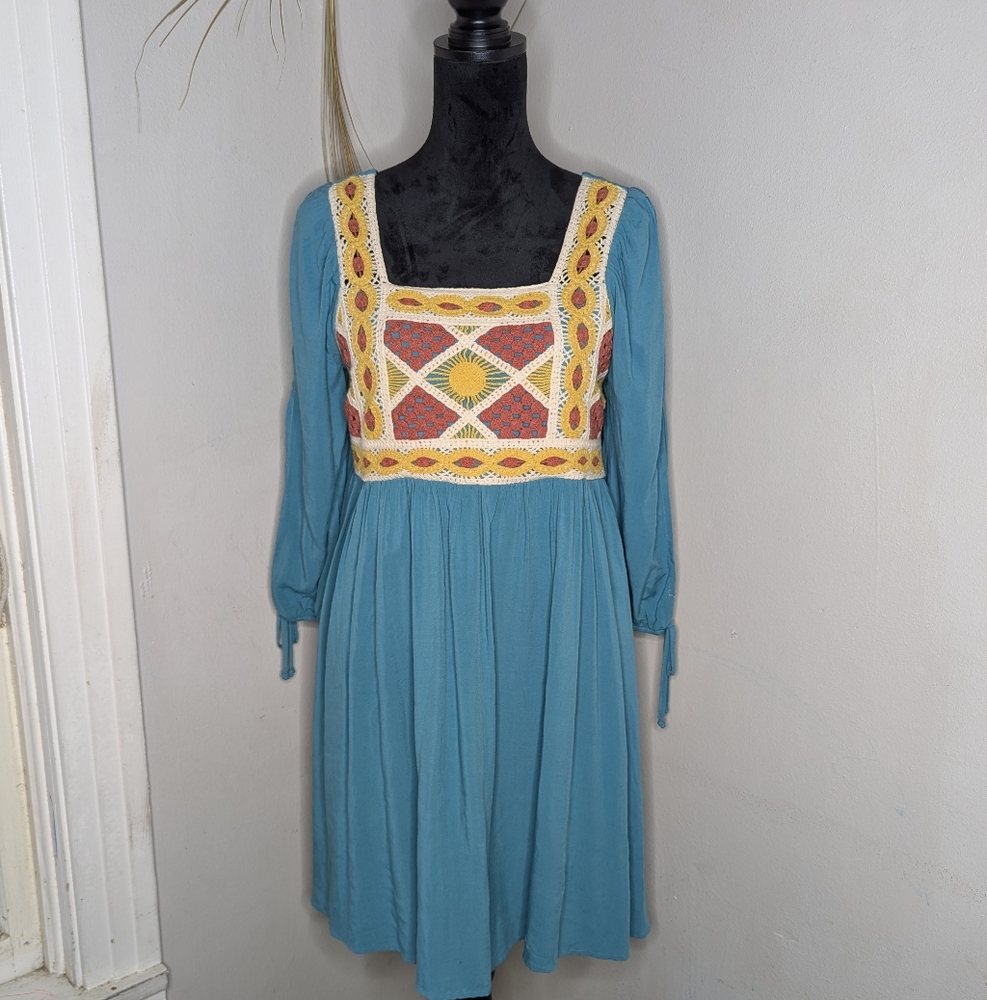 Bohemian Blue Dress with Crochet Detail